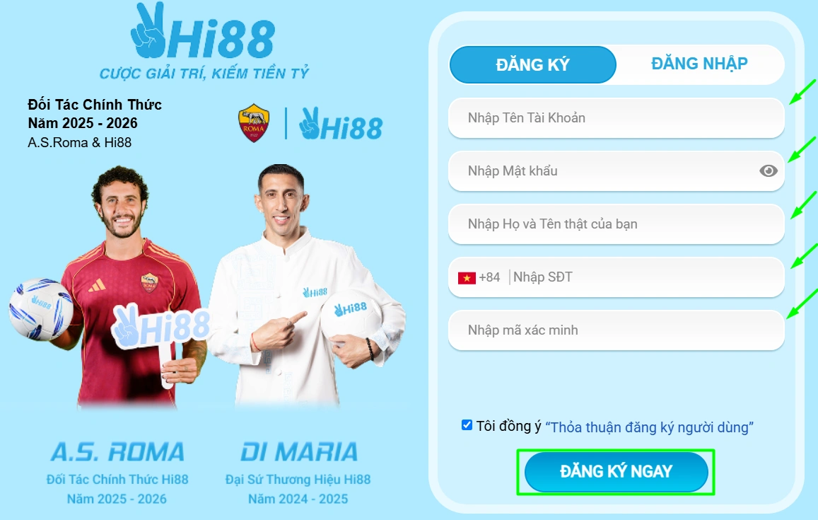 Form đăng ký tài khoản Hi88 Casino